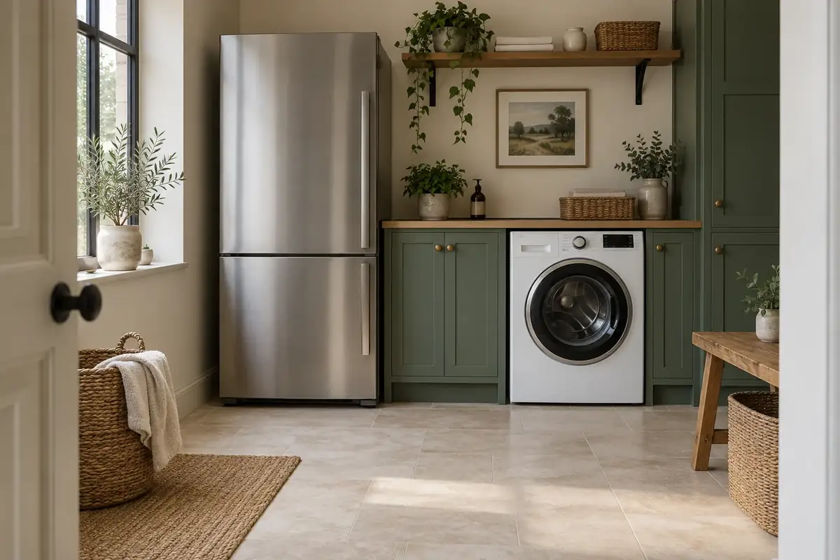 A refrigerator and front-loading washing machine in a utility room with a clear doorway
