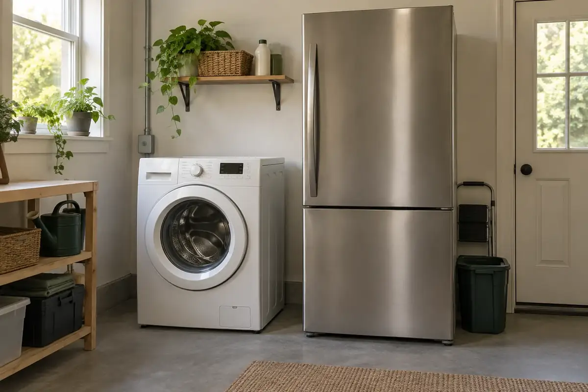 A washing machine and refrigerator in a utility room