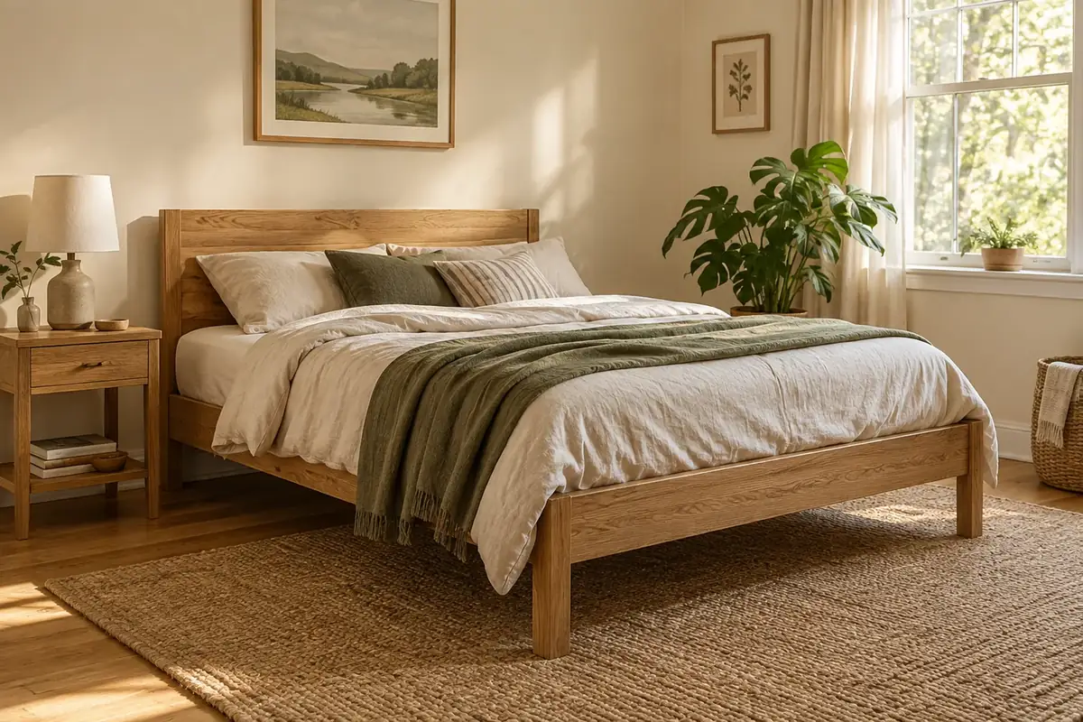 An oak bed frame and mattress in a cream bedroom