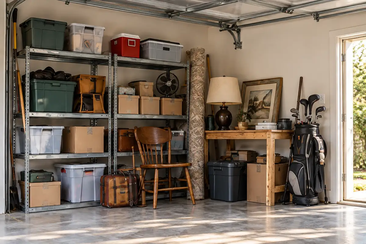 Metal garage shelving, storage bins and household furniture