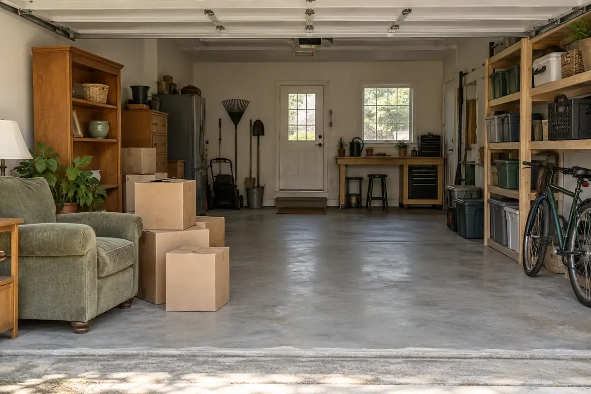 A garage with boxes and an armchair grouped beside a clear walkway, with stored belongings along the opposite wall