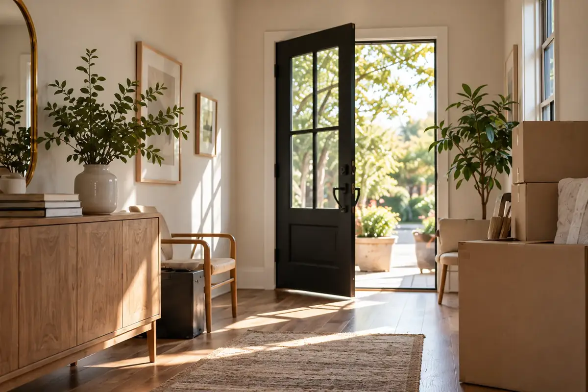 Sunlit entryway with an open front door, wooden sideboard and moving boxes