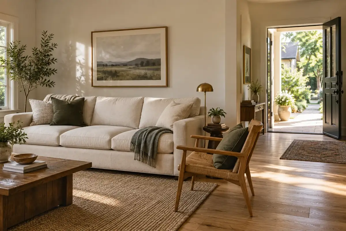 A sofa and wooden armchair beside an open doorway in a sunlit living room