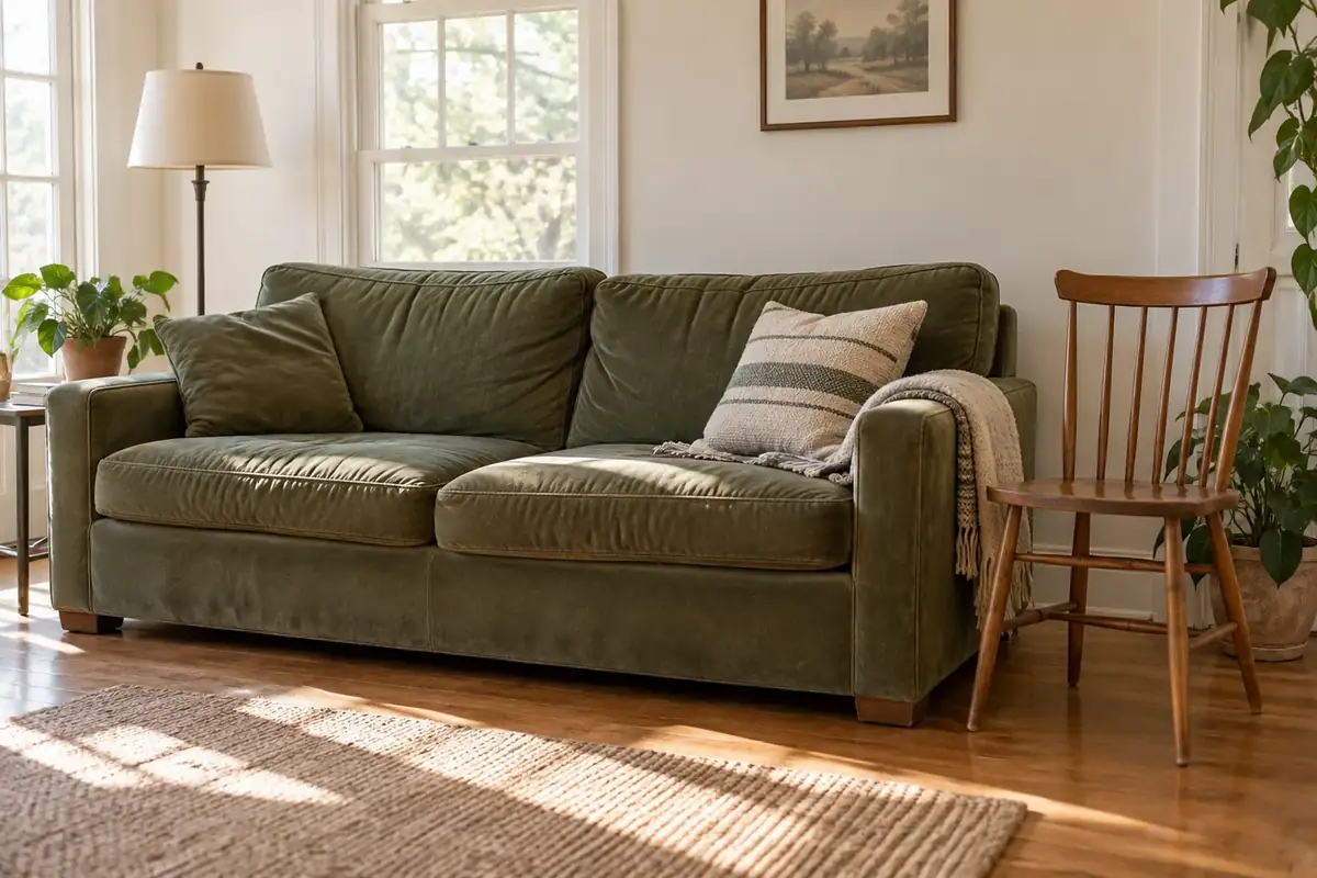 A used sofa and wooden chair in a living room