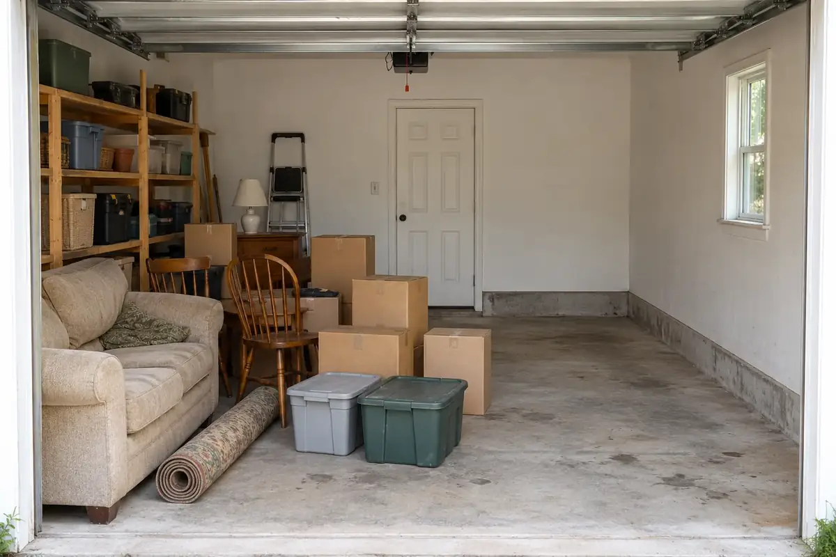 Garage containing a sofa, chairs, boxes and storage containers