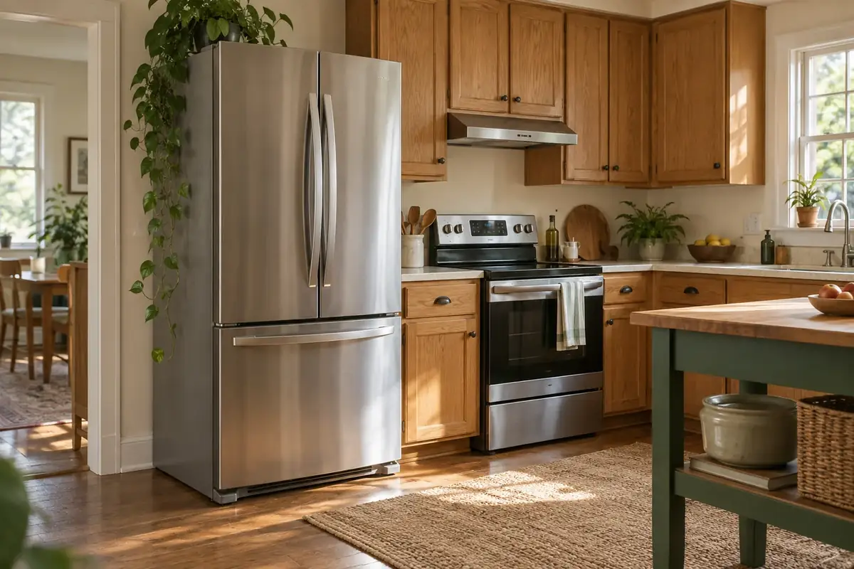 A refrigerator and oven in an oak and cream kitchen
