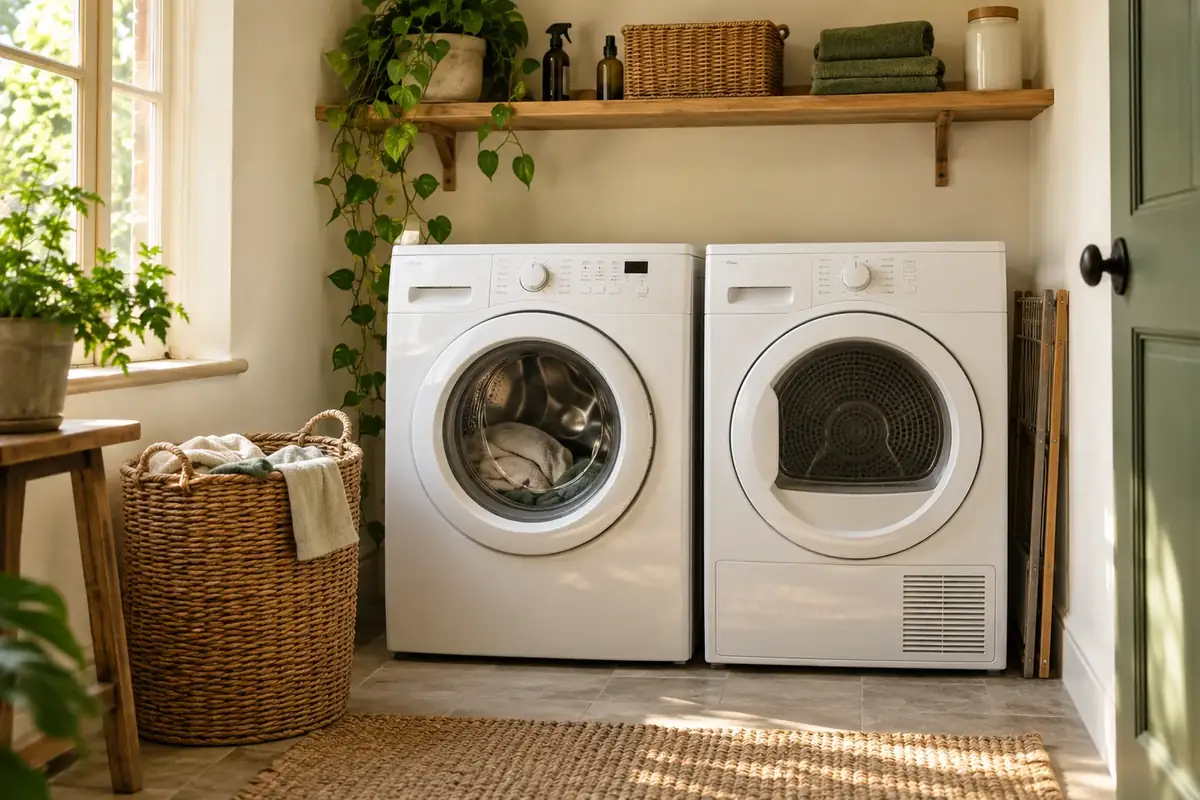 A washing machine and tumble dryer in a utility room