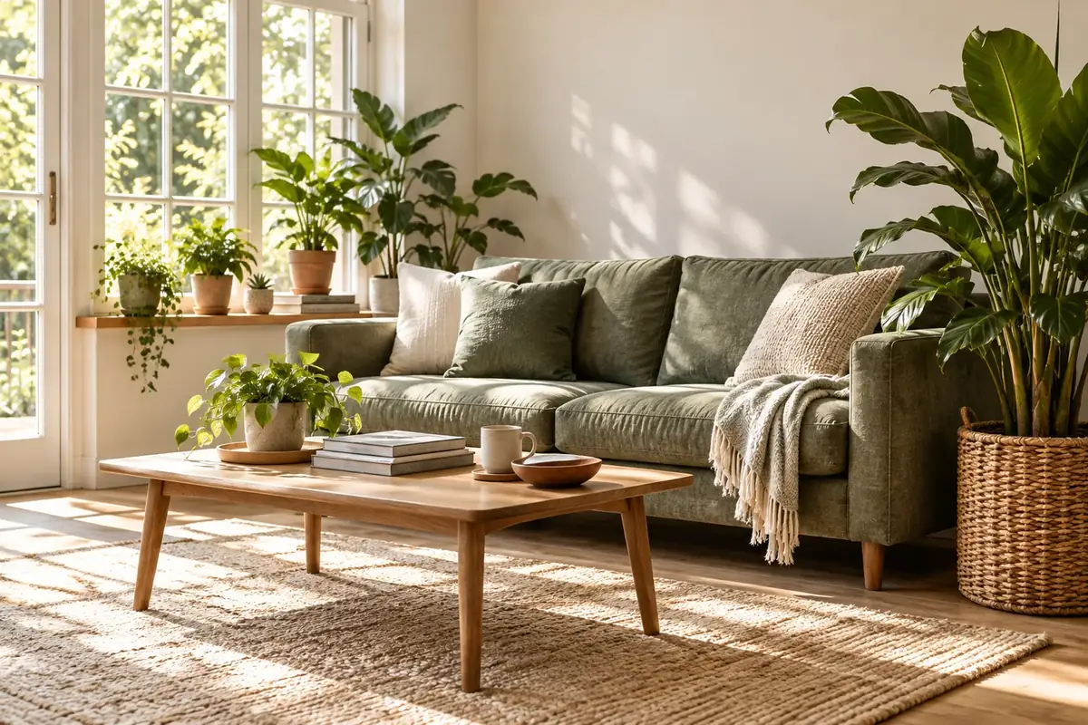 A furnished sunlit living room with a green sofa and plants