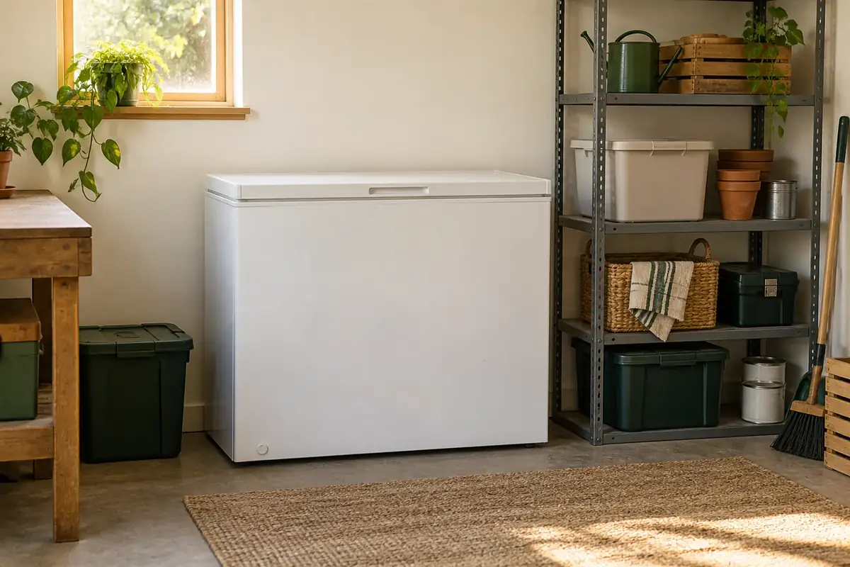 An upright freezer in a utility room