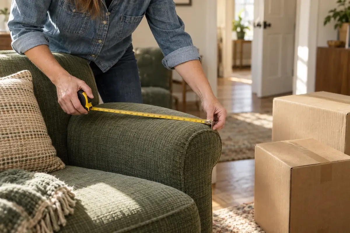 A homeowner measuring a green armchair beside moving boxes