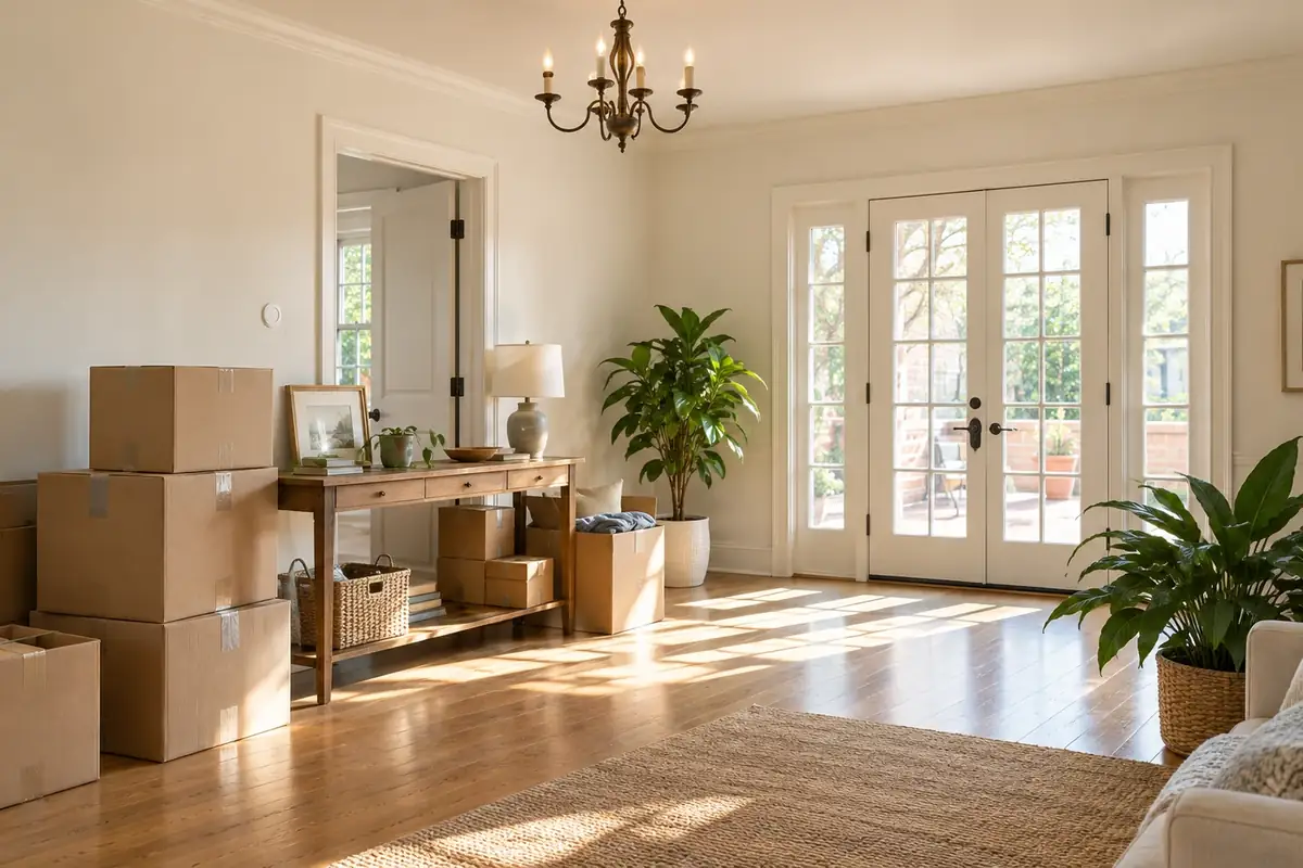 Moving boxes and furniture in a room with French doors
