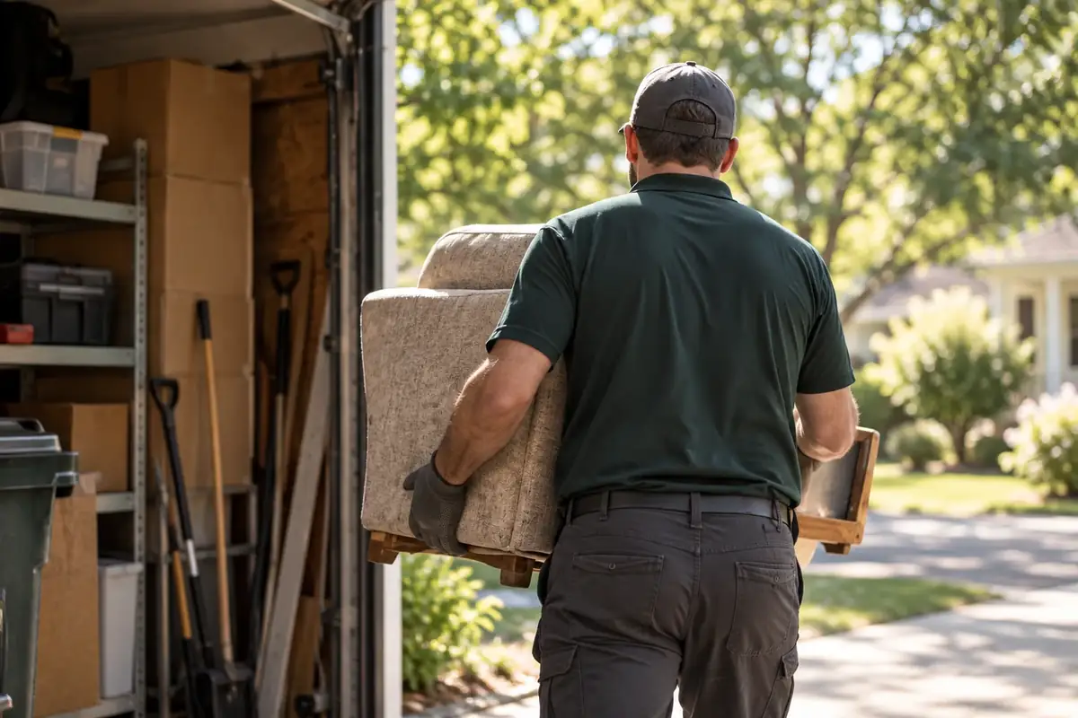 Illustrative scene of a provider carrying an armchair toward a driveway