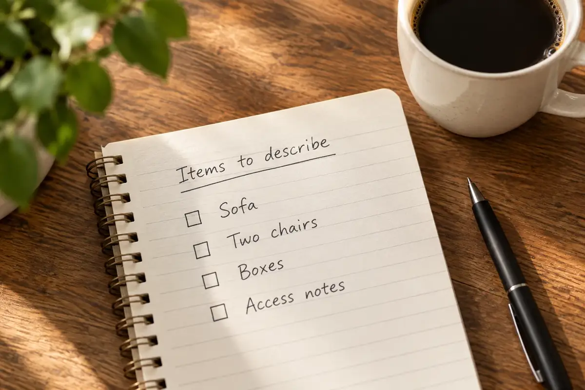 A notebook listing items and access notes on a wooden table