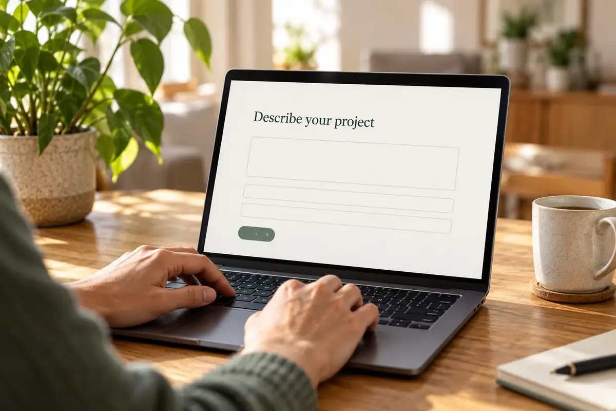 A person describing a project using a laptop at home