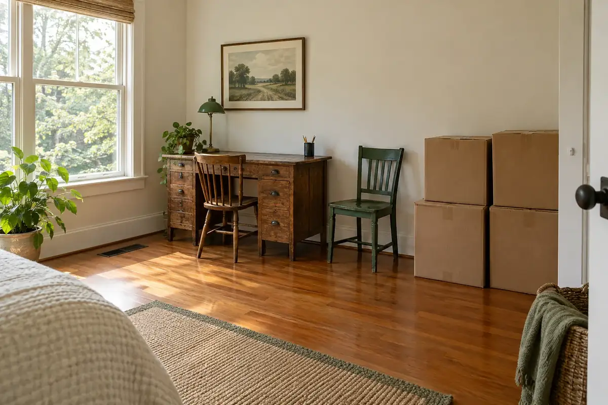 Furniture and boxes grouped in a spare room