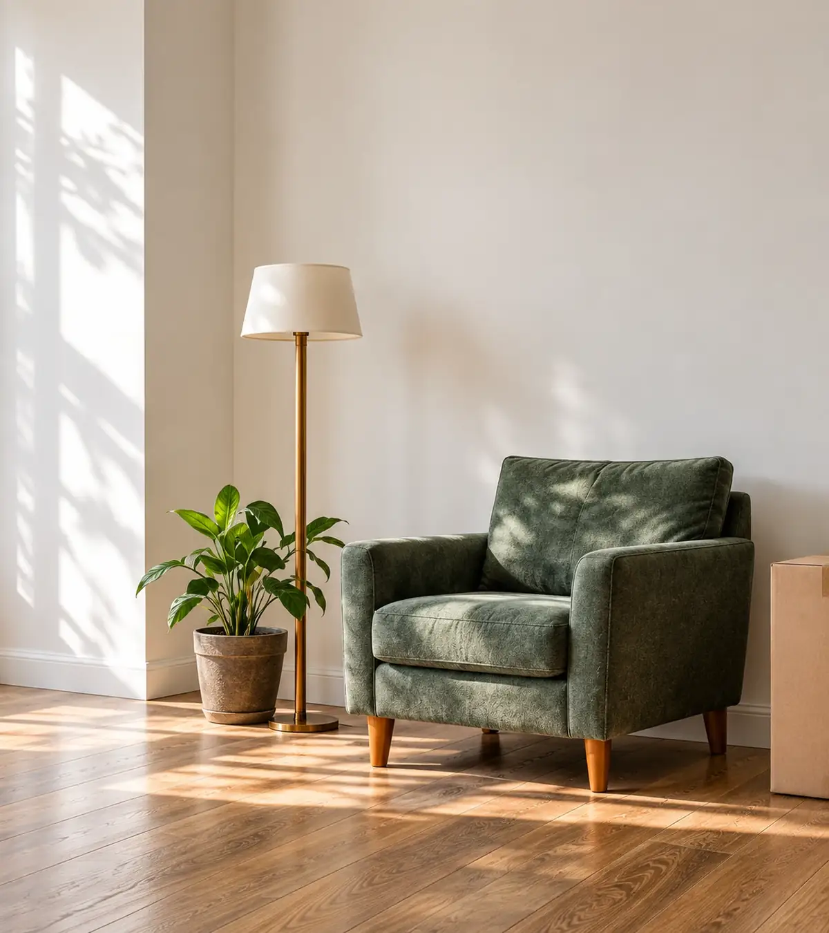 A complete green armchair beside a floor lamp and plant