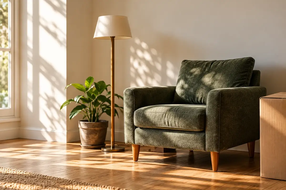 A green armchair beside a lamp and plant in a sunlit room