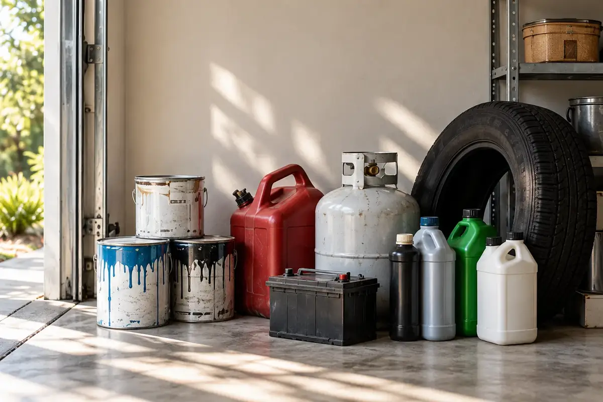 Closed paint cans, a fuel can, a tire, a battery and household containers