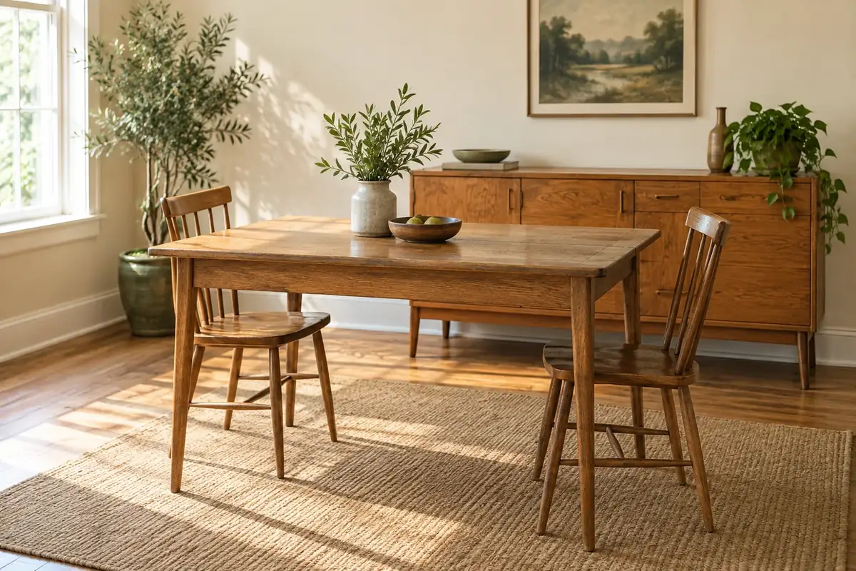 An oak dining table, wooden chairs and sideboard